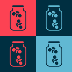 Pop art Fireflies bugs in a jar icon isolated on color background. Vector.