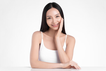 Beautiful young asian woman with clean fresh skin on white background, Face care, Facial treatment, Cosmetology, beauty and spa, Asian women portrait