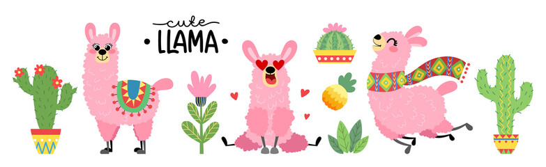 Set of cute pink llamas with plants and cactus. Alpaca vector collection. Animals hand drawn style isolated on white background for children's and kids books, print, poster, stickers, fabric.