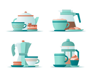 Different cups, coffee kettles and sweet dessert. Flat vector illustration.