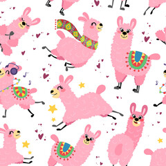 Seamless pattern with cartoon llamas. Alpaca vector texture on a white background. Background for children's and kids books, print, poster, stickers, fabric, wrapping paper.