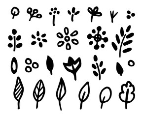 Simple abstract floral vector doodle set. Twigs, leaves, flowers, branches. Black marker sketch. Elements of nature for creating a pattern, decoration.