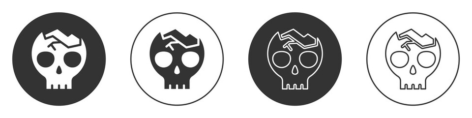 Black Broken human skull icon isolated on white background. Circle button. Vector.