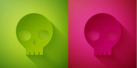 Paper cut Human skull icon isolated on green and pink background. Paper art style. Vector.