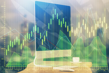 Multi exposure of chart and financial info and work space with computer background. Concept of international online trading.