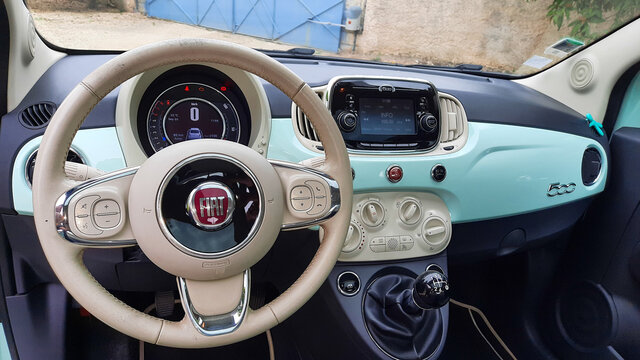 Bordeaux , Aquitaine / France - 09 01 2020 : fiat 500 blue vintage interior  with retro white steering wheels and dashboard Stock Photo | Adobe Stock