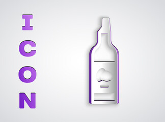 Paper cut Bottle of olive oil icon isolated on grey background. Jug with olive oil icon. Paper art style. Vector.