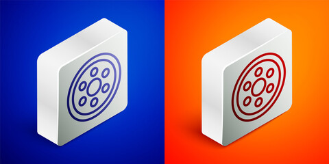 Isometric line Alloy wheel for a car icon isolated on blue and orange background. Silver square button. Vector Illustration.