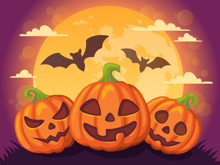 Happy Halloween. Background with pumpkin, moon, bat