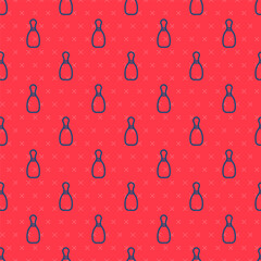 Blue line Bowling pin icon isolated seamless pattern on red background. Vector Illustration.