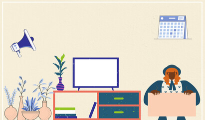 Banner for online advertisement with laptop calender and speaker with yellow background