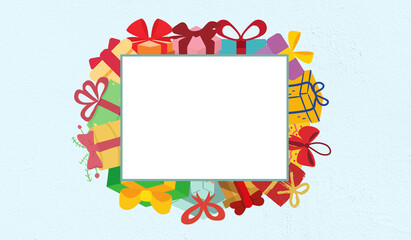 White frame with colorful gifts boxes on blank background