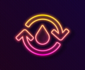 Glowing neon line Recycle clean aqua icon isolated on black background. Drop of water with sign recycling. Vector Illustration.