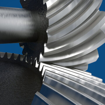Hypoid Bevel Gearbox. Gears Close-up. Blue White and Black Concept of Business Process or Technology. Square Illustration for Social Media. 3D Render.