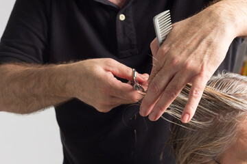 Professional hairdresser cutting a woman's hair
