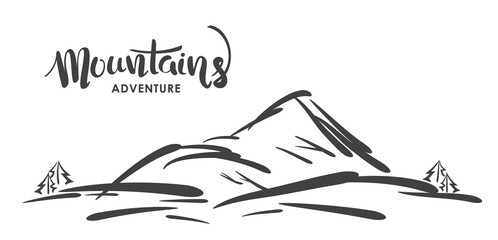 Vector illustration: Hand drawn sketch of mountain landscape with handwritten modern lettering of Mountains