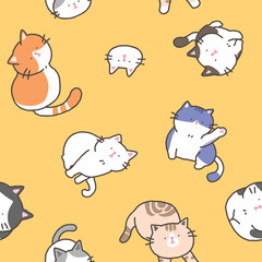 Seamless Pattern of Cartoon Cat Illustration Design on Yellow Background