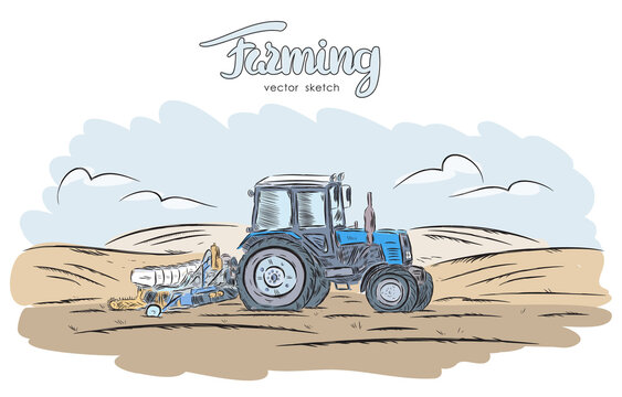 Hand Drawn Color Sketch With Tractor On Field.