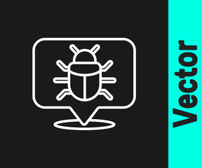 White line System bug concept icon isolated on black background. Code bug concept. Bug in the system. Bug searching. Vector.