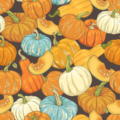 Seamless pattern with multicolored pumpkins