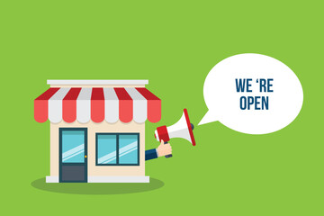 We 're open.Small Business Storefront. Retail. Vector illustration