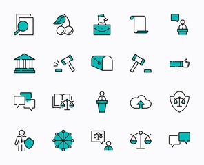 Set of Law and justice Vector Line Icons. Contains such Icons as weapon, arrest, authority, courthouse, gavel, legal, weapon and more. Editable stroke. 32x32 Pixels