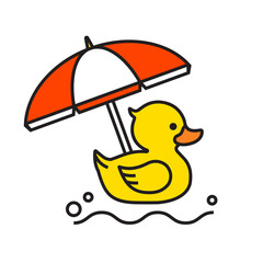 Yellow rubber duck icon with beach umbrella - 378314075
