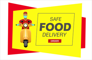 Safe delivery. A courier in a medical mask delivers orders on scooter. Logistics and safe delivery concept. Delivery home and office. Suitable for web landing page, ui, banner. Vector.