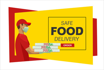 Safe delivery. Courier in a medical mask delivers orders. Logistics and safe delivery concept. Pizza Delivery home and office. City logistics. Suitable for web landing page, ui, banner.