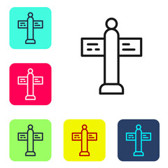 Black line Road traffic sign. Signpost icon isolated on white background. Pointer symbol. Street information sign. Direction sign. Set icons in color square buttons. Vector.