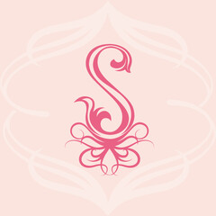 Letter S logo.Decorative lettering icon.Uppercase alphabet initial with swirls and organic elements.Typographic sign isolated on light background.Pink color.