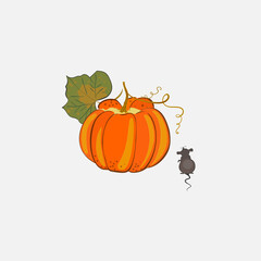 Orange pumpkin in hand drawn style with little mouse. 