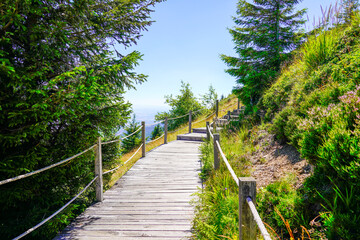 Fototapeta na wymiar wooden walkway path stairs go to puy de dome french mountains volcano