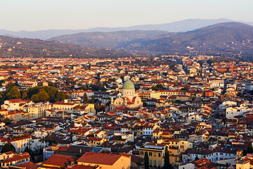 Fototapeta na wymiar Aerial view of the 'Great Synagogue of Florence' and skyline of Florence at dusk