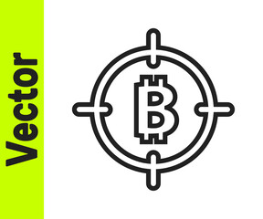 Black line Bitcoin in the target icon isolated on white background. Investment target icon. Vector.