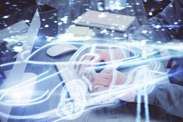 Automobile theme drawing with businessman working on computer on background. Autopilot taxi concept. Double exposure.