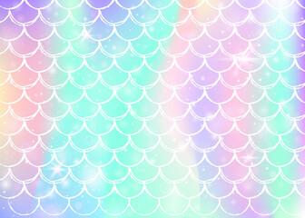Rainbow scales background with kawaii mermaid princess pattern.
