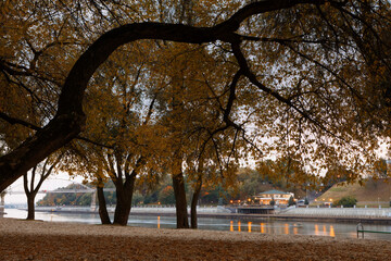 embankment of the city in autumn view of the Gomel River Belarus.