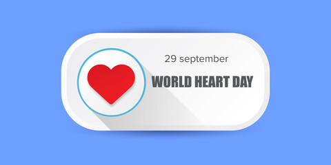 world heart day horizontal banner or background with heart isoalted on blue layout.
