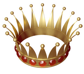 Gold crown encrusted with rubies. 3D rendering and illustration