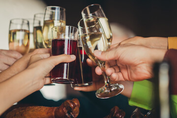 Cropped photo of big family members clinking glasses thanks giving event garnished turkey table house living room indoors