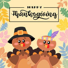 Happy Thanksgiving Greetings. A turkey with hand drawn lettering style. Decorated banner concept with autumn leaves. Vector design for greeting card, poster, flag, print.