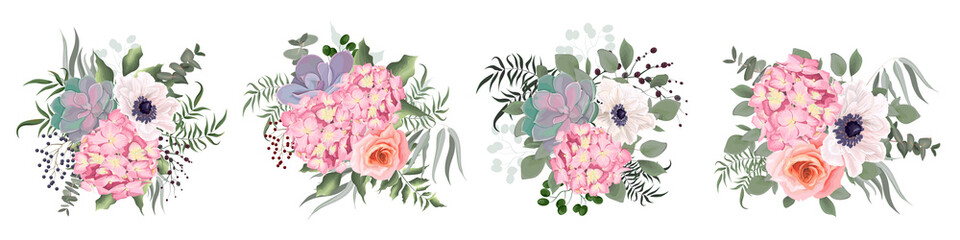 Vector flowers on a white background. Lush pink hydrangea, roses, anemones, succulent, various leaves and plants.