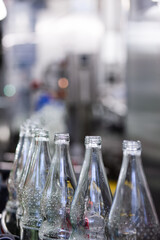 Leere Wasserflaschen aus Glas auf einem Fließband einer Abfüllanlage