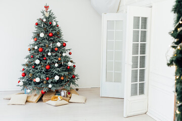 Christmas tree with pine decor gifts for new year interior background winter