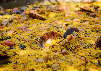 close-up of spanish paella with seafood