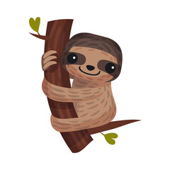 Arboreal Sloth Hugging Tree Branch as African Animal Vector Illustration