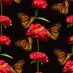 Colorful floral seamless pattern with red peony flowers and monarch butterflies collage on black...