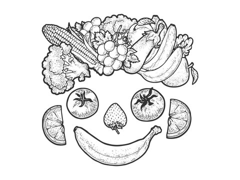 face made of vegetables and fruits sketch engraving vector illustration. T-shirt apparel print design. Scratch board imitation. Black and white hand drawn image.