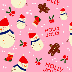 Seamless Christmas pattern with snowman, holly jolly text, gingerbread, snow. Happy New Year and Merry Xmas background. design for winter holidays. pink background. gift wrap